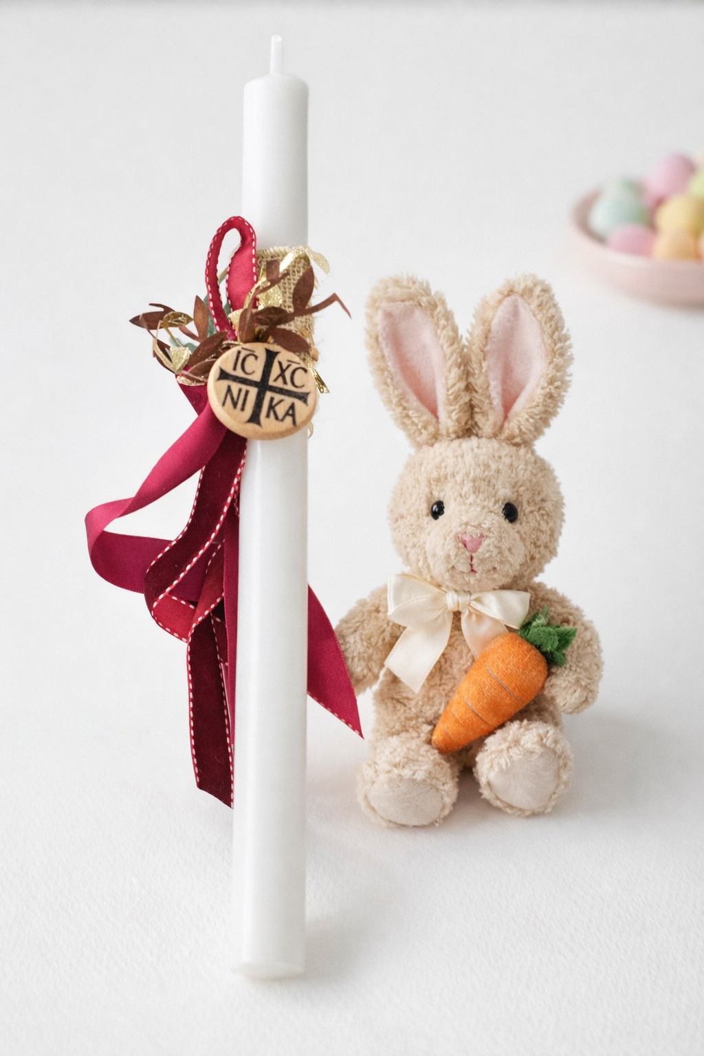 Orthodox Easter Candle with IC XC NIKA Wooden Cross Charm – Burgundy & Gold Detail