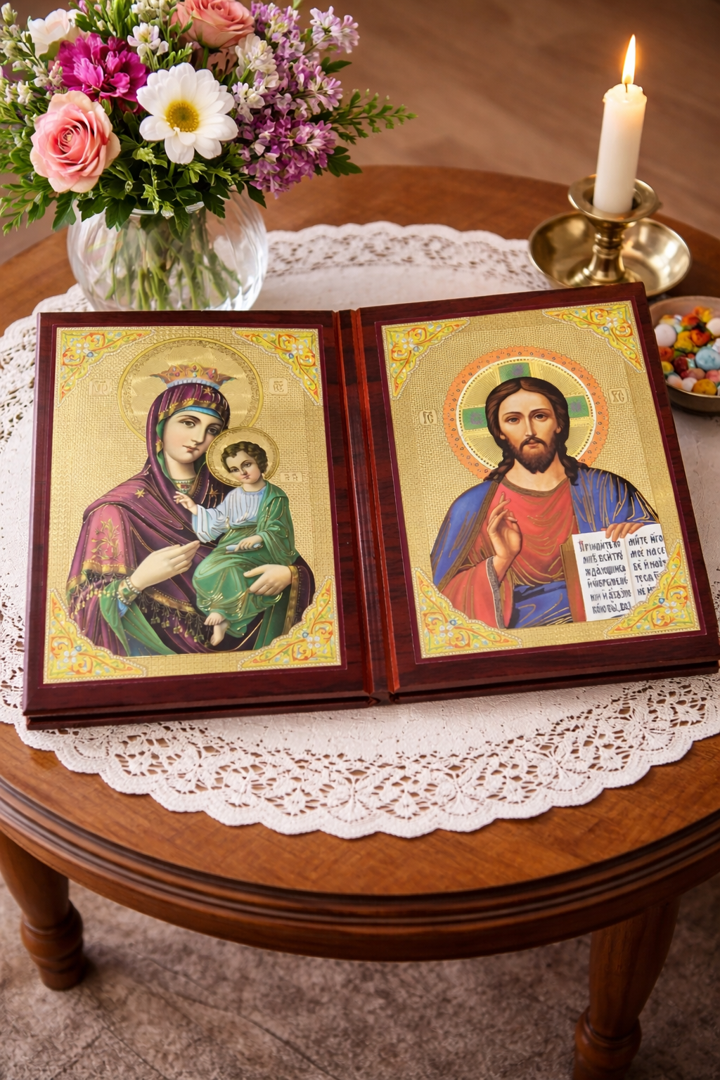 Orthodox Icon of the Virgin Mary with Christ Child & Christ Pantocrator