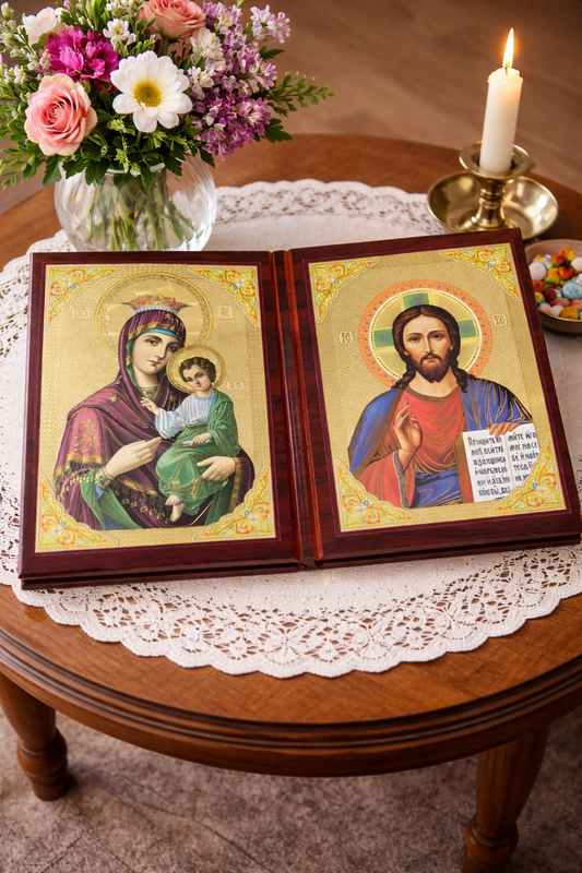 Orthodox Icon of the Virgin Mary with Christ Child & Christ Pantocrator