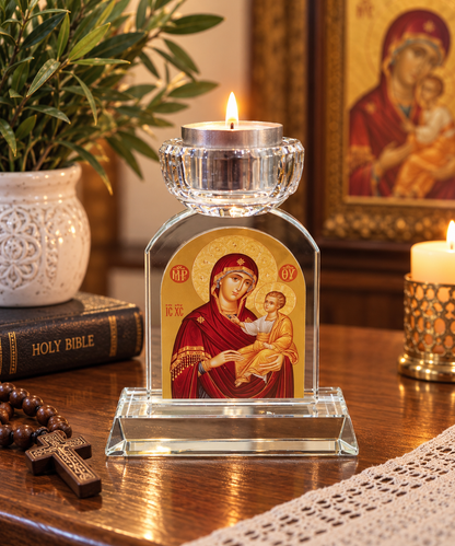 Orthodox Crystal Tealight Candle Holder – Jesus Christ or Panagia