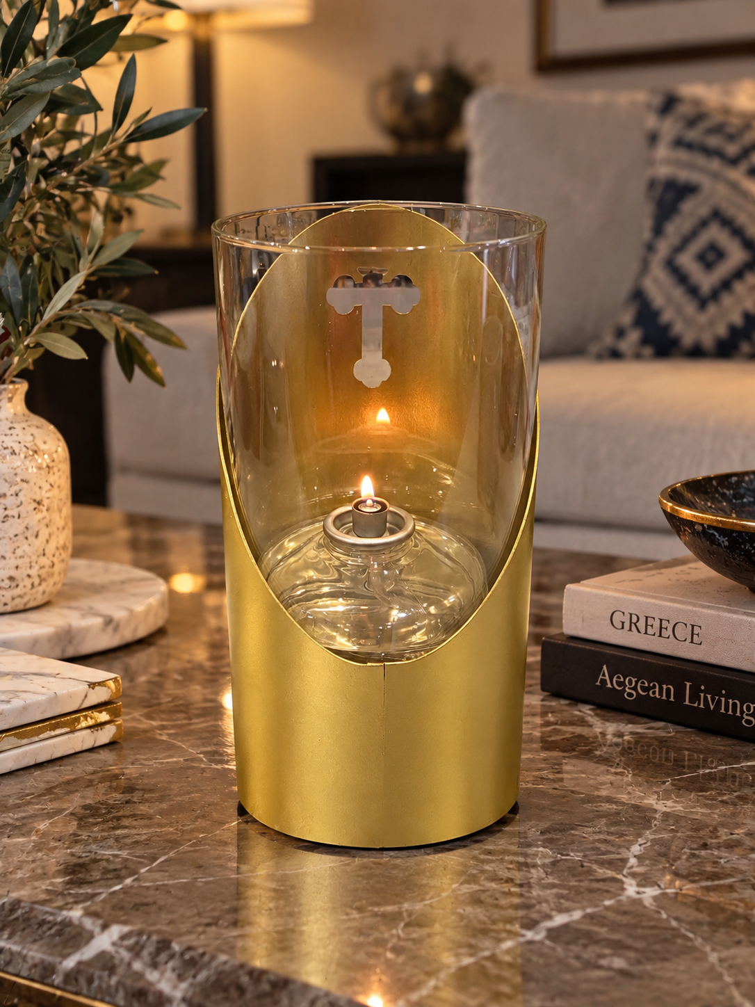 Gold Metal Holder with Glass with Mineral Lamp Oil ( Indoor)