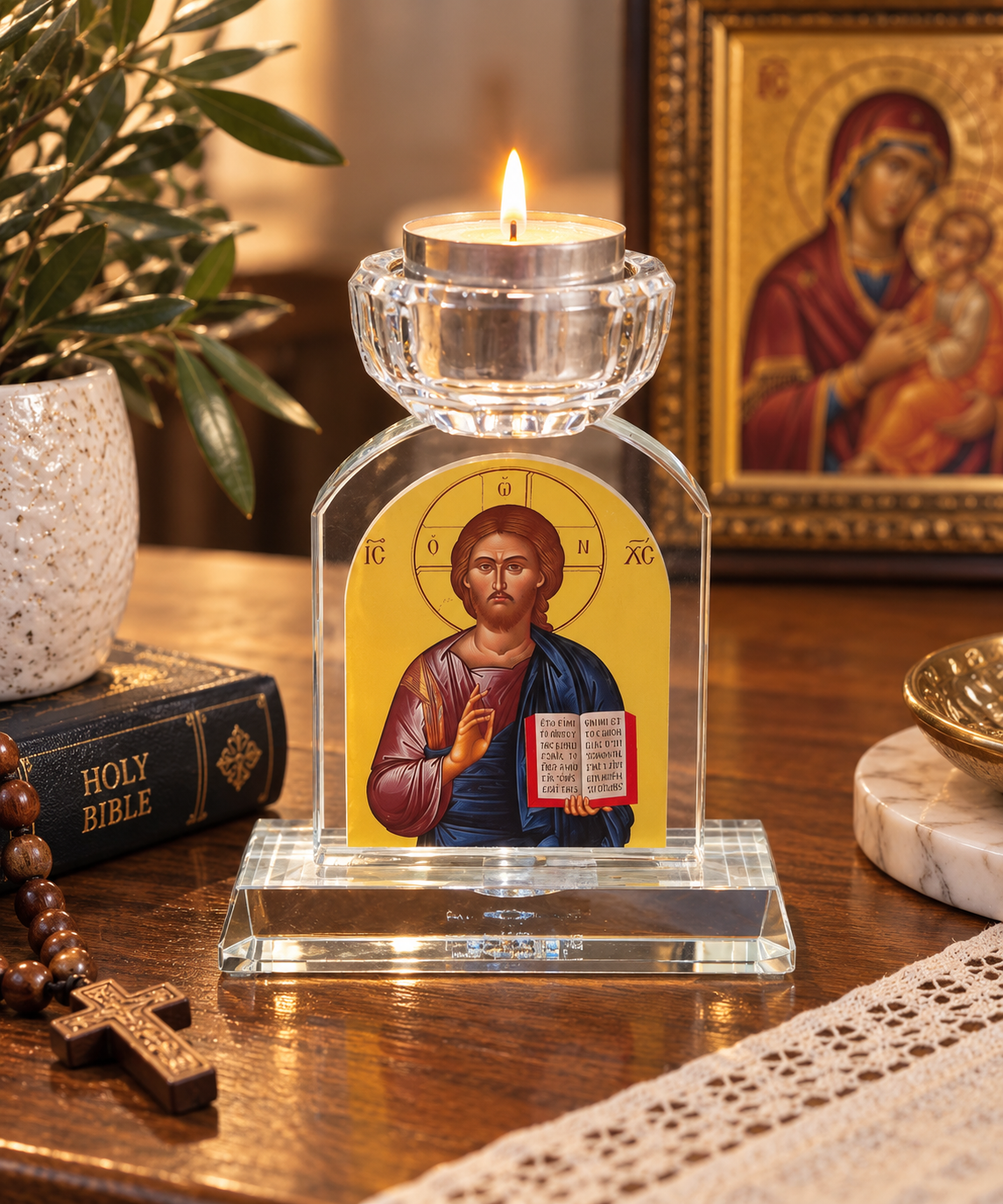 Orthodox Crystal Tealight Candle Holder – Jesus Christ or Panagia