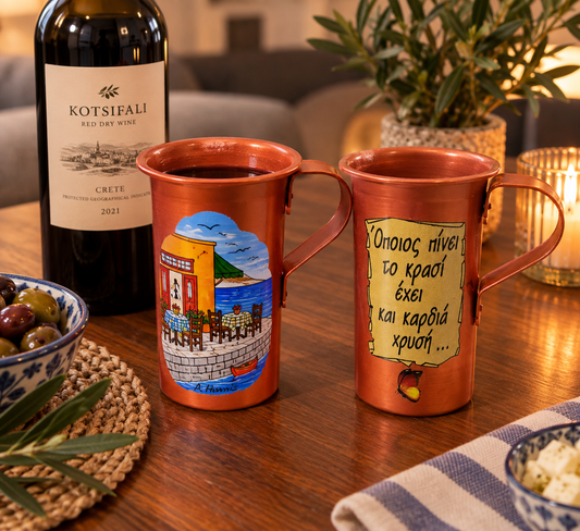 Traditional Greek Copper Wine Cup – Hand-Painted Village Design