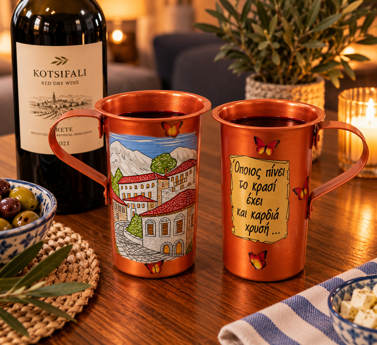 Traditional Greek Copper Wine Cup – Hand-Painted Village Design