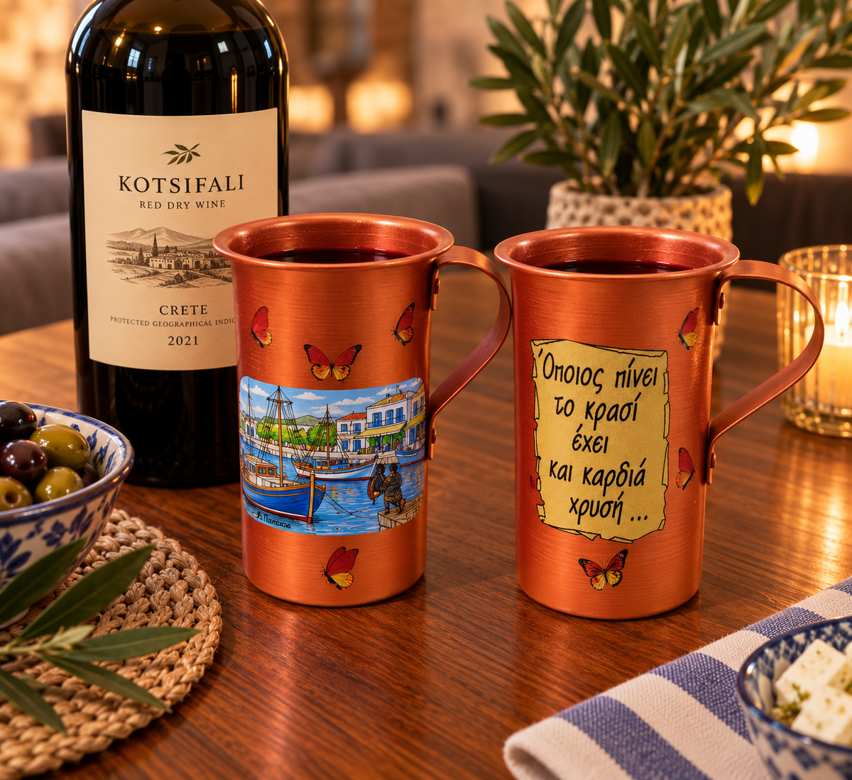 Traditional Greek Copper Wine Cup – Hand-Painted Village Design