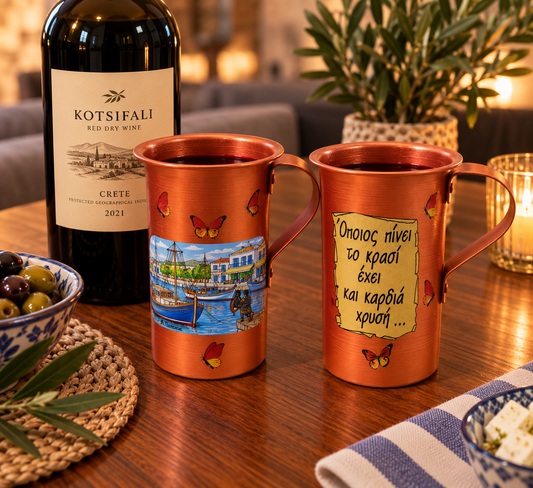 Traditional Greek Copper Wine Cup – Hand-Painted Village Design